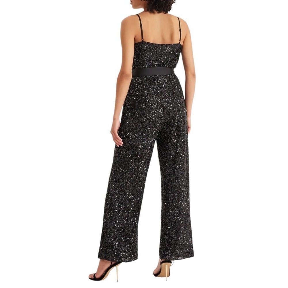 Express Womens Sequin V Neck Tie Waist Wide Leg Jumpsuit Size XS Black - Picture 3 of 16
